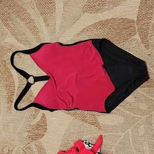 Aqua Green One Piece Red and Black Bathing suit Medium